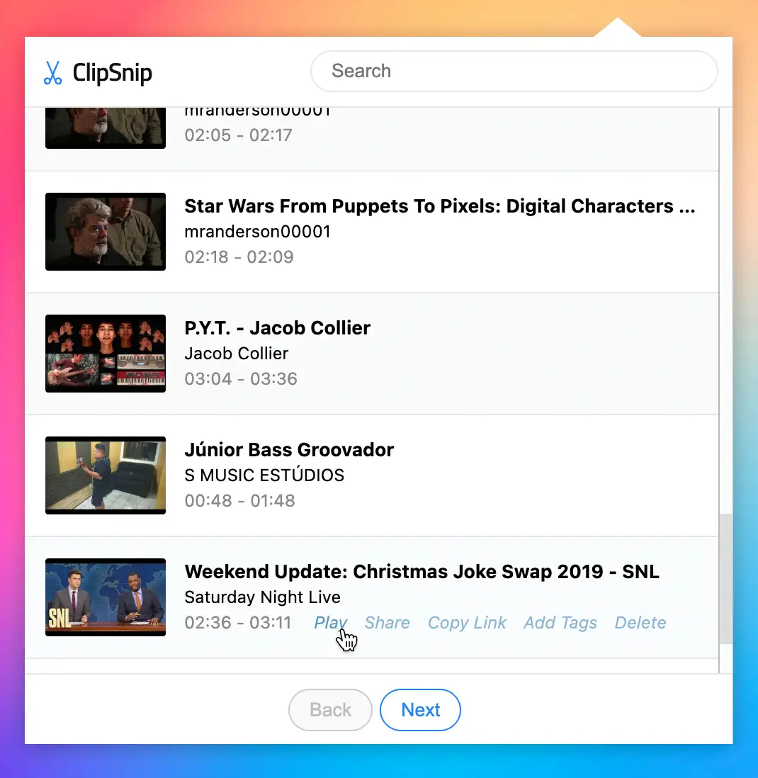 A screenshot of ClipSnip, a Chrome extension to record small clips from YouTube videos.
