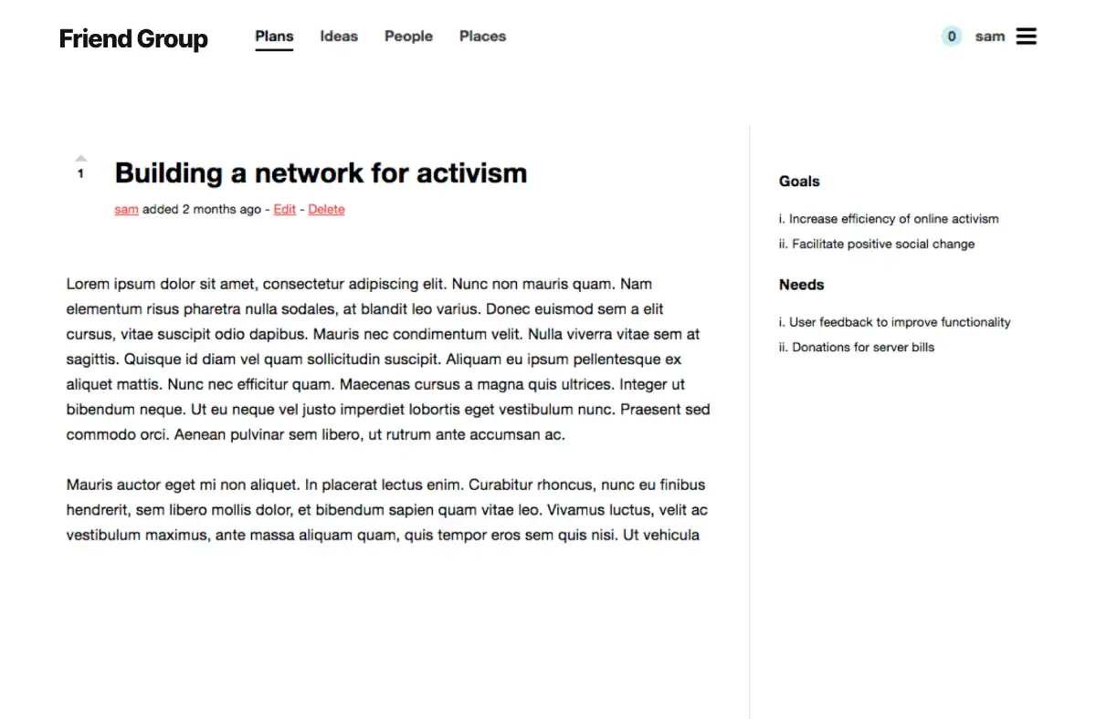 A screenshot of Friend Groyp, a web app to faciliate community activism.